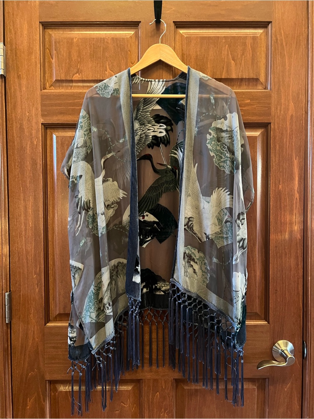 Chico's Kimono Burnout Velvet Open Front with Fringe Green Grey Size S/M - Picture 12 of 17